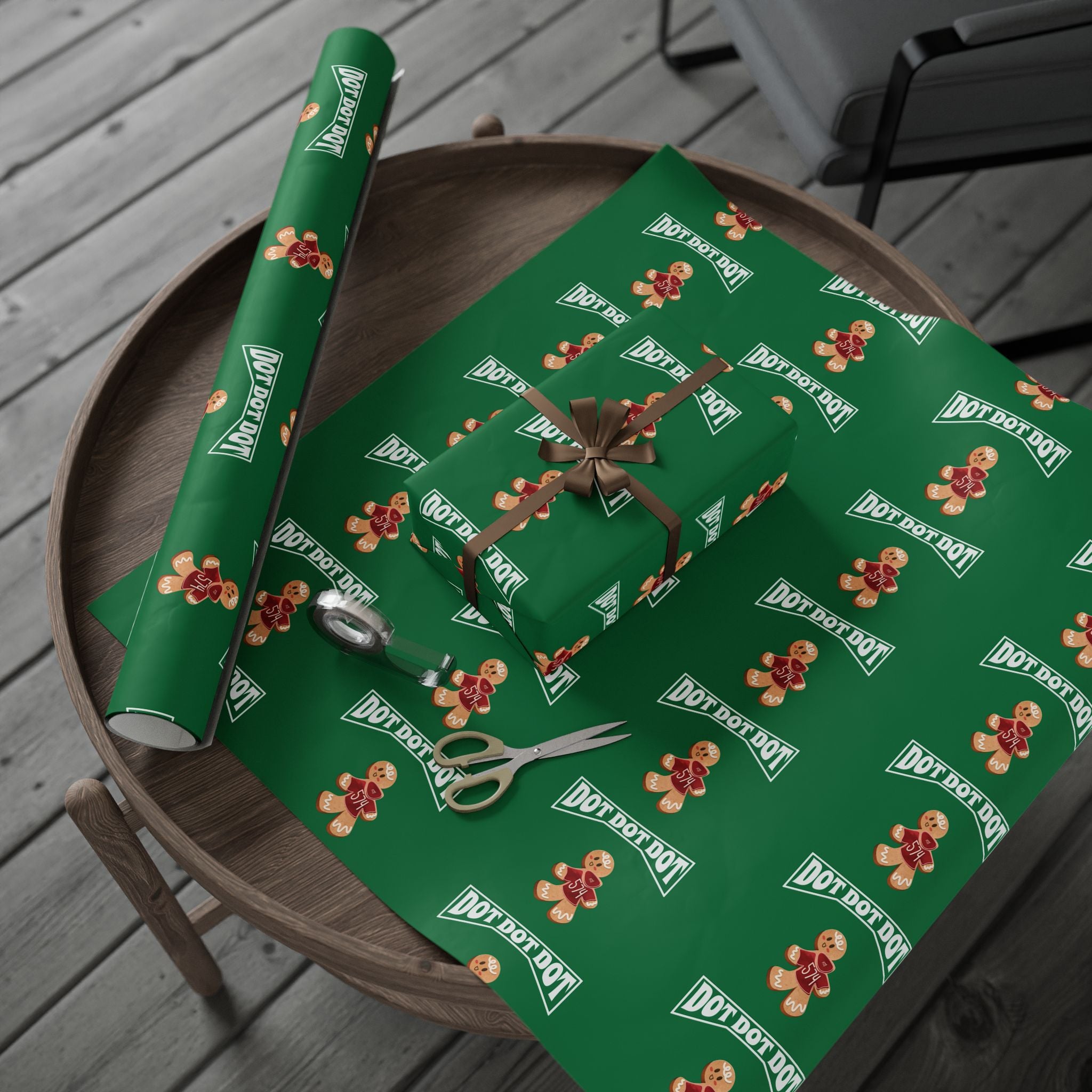 Christmas Gingerbread Wrapping Paper Roll — Green Holiday Gift Wrap with Cookies Pattern