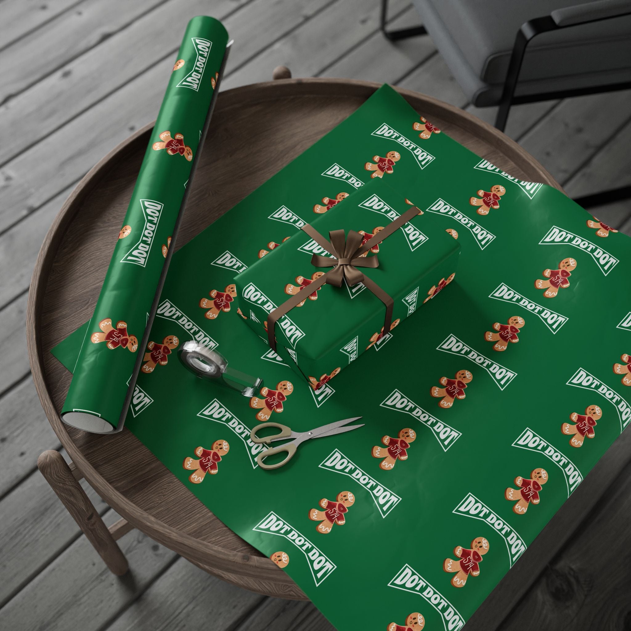 Christmas Gingerbread Wrapping Paper Roll — Green Holiday Gift Wrap with Cookies Pattern